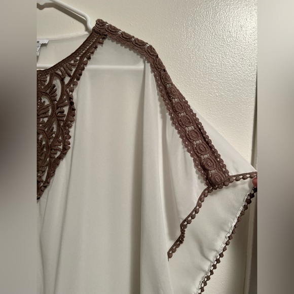 Bar III sheer white blouse with tan crotchet details - Picture 6 of 13